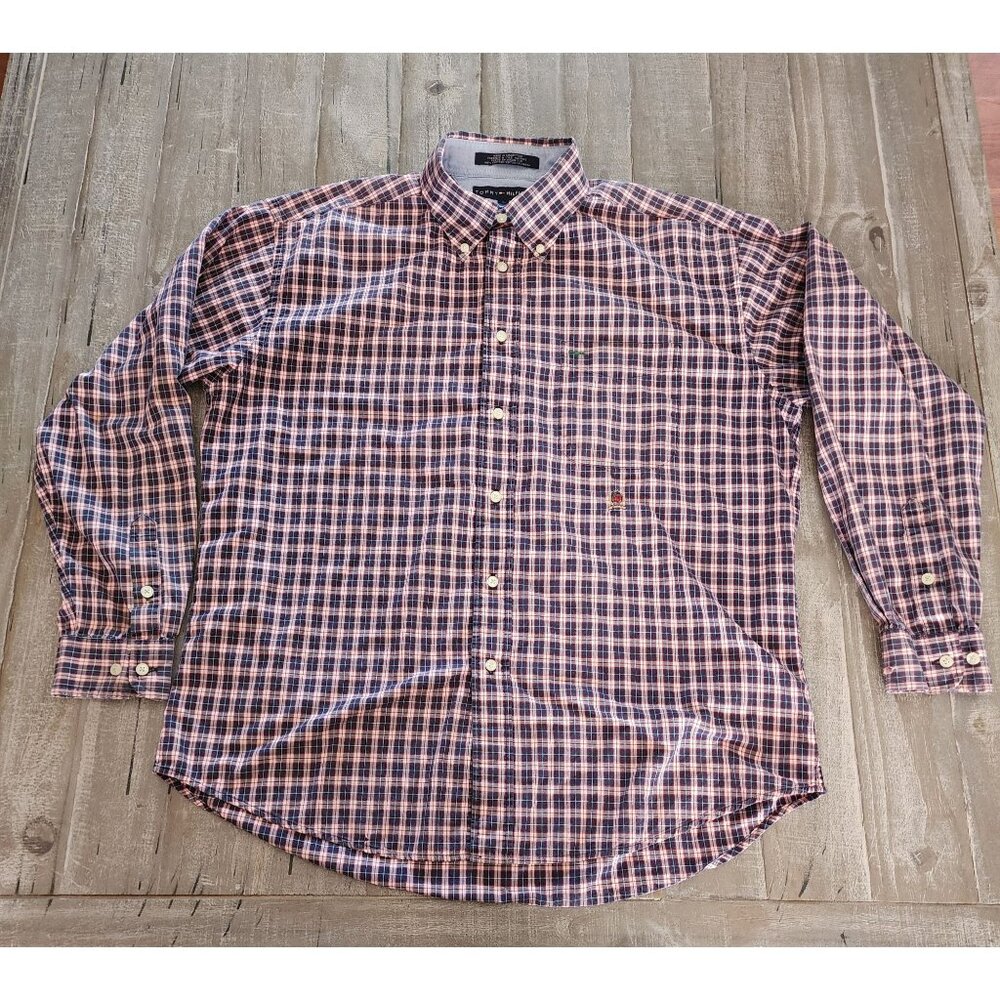 Tommy Hilfiger Mens Red Blue Plaid Long Sleeve‎ Button-Up Shirt Size Large